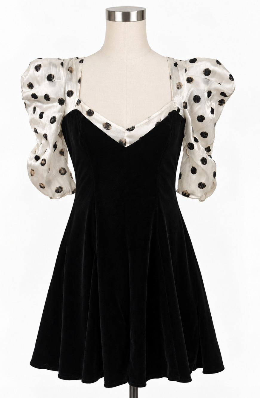 FOR LOVE & LEMONS BLACK WHITE DOLLY VELVET POLKA DOT MINI DRESS SZ S